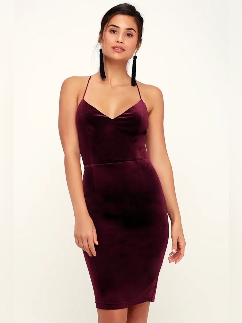 Karmin Burgundy Velvet Lace-Up Bodycon Dress